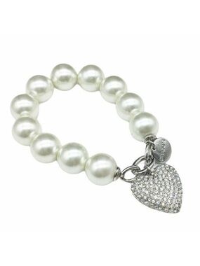 Chico's Faux Pearl Stretch Beaded Bracelet Clear Rhinestone Pave Heart Charm